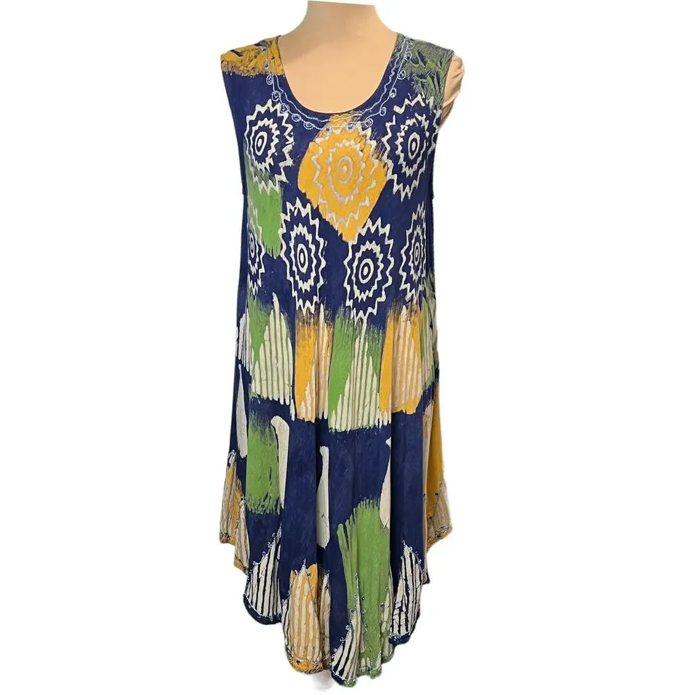 S.R. Fashion  Gauzy Midi Tie Dye Dress Navy Green Yellow  OS
